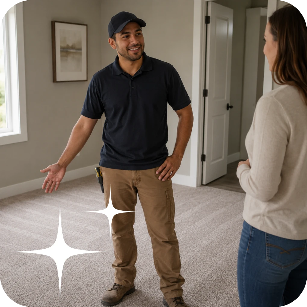 Worker reviewing carpet install with homeowner | Lloyd's Carpets & Draperies