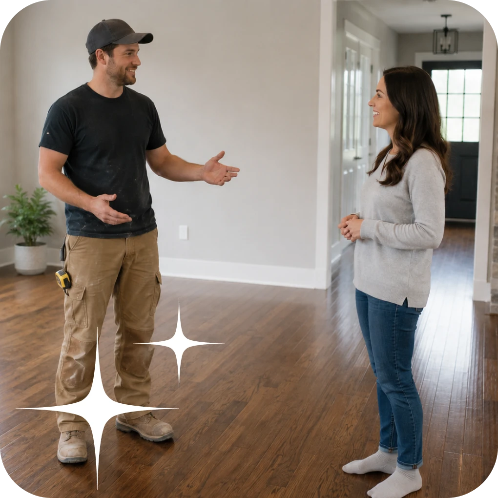 Worker reviewing hardwood flooring installation with homeowner | Lloyd's Carpets & Draperies