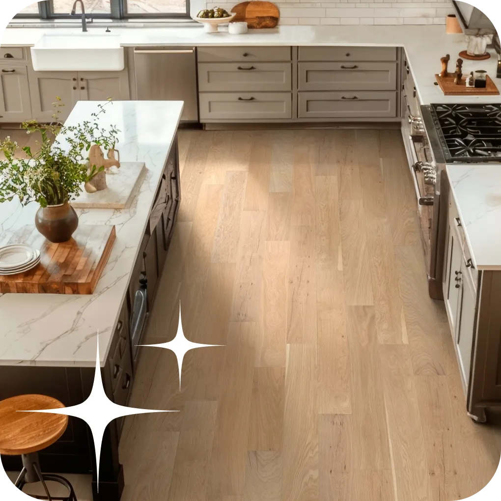 Hardwood in overhead kitchen view | Lloyd's Carpets & Draperies