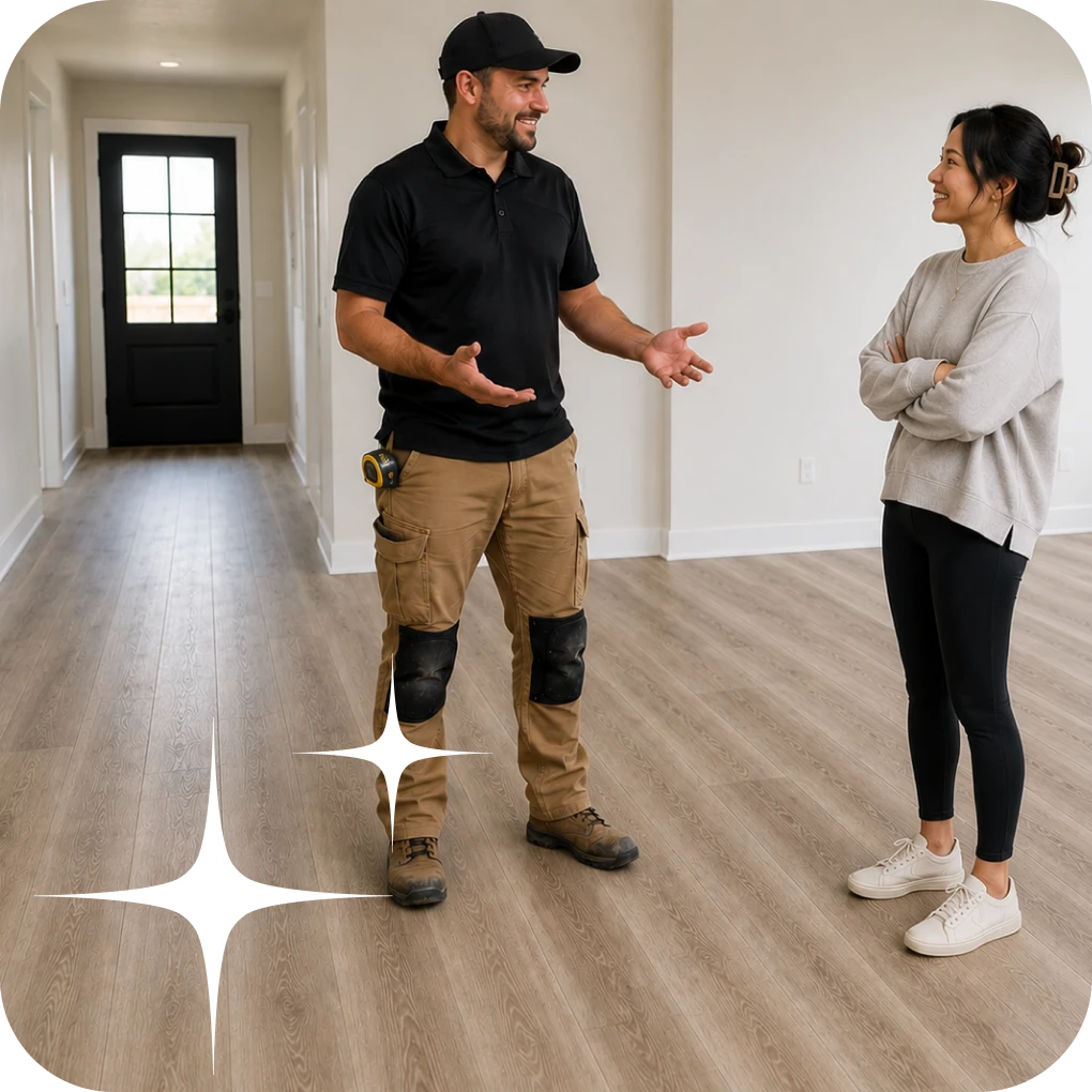 Worker reviewing luxury vinyl floor installation with homeowner | Lloyd's Carpets & Draperies