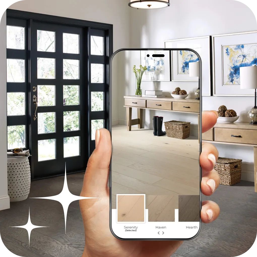 Homeowner visualizing a new floor in their space | Lloyd's Carpets & Draperies