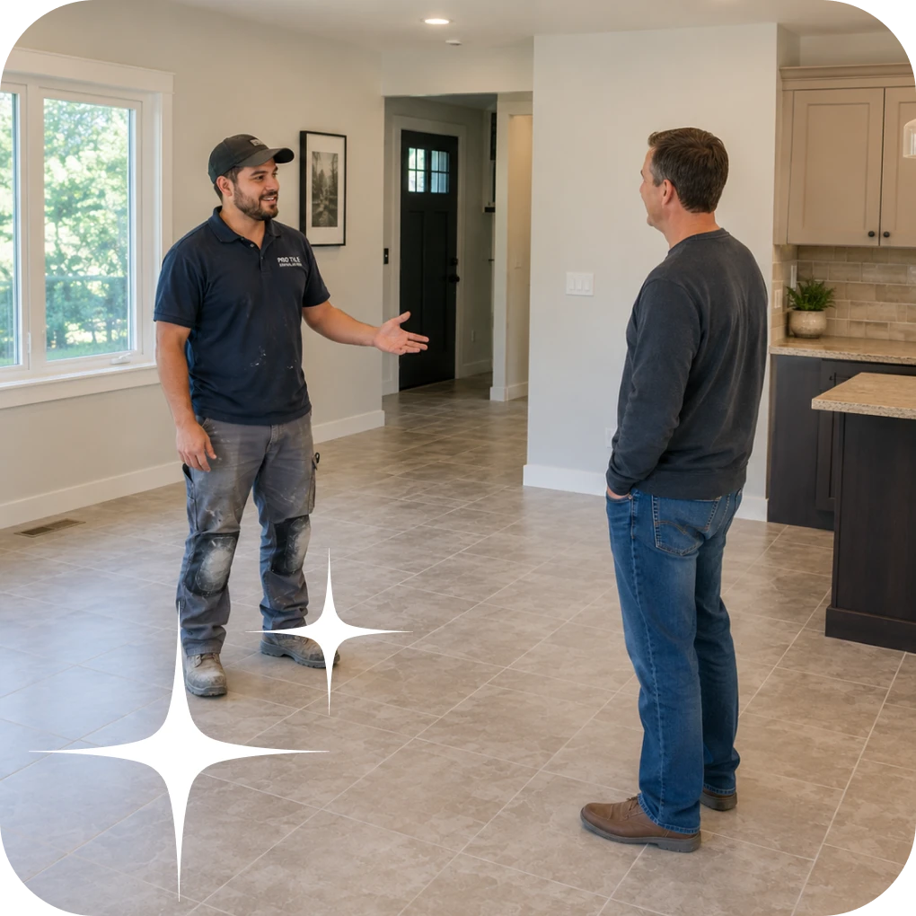 Men discussing after tile installation